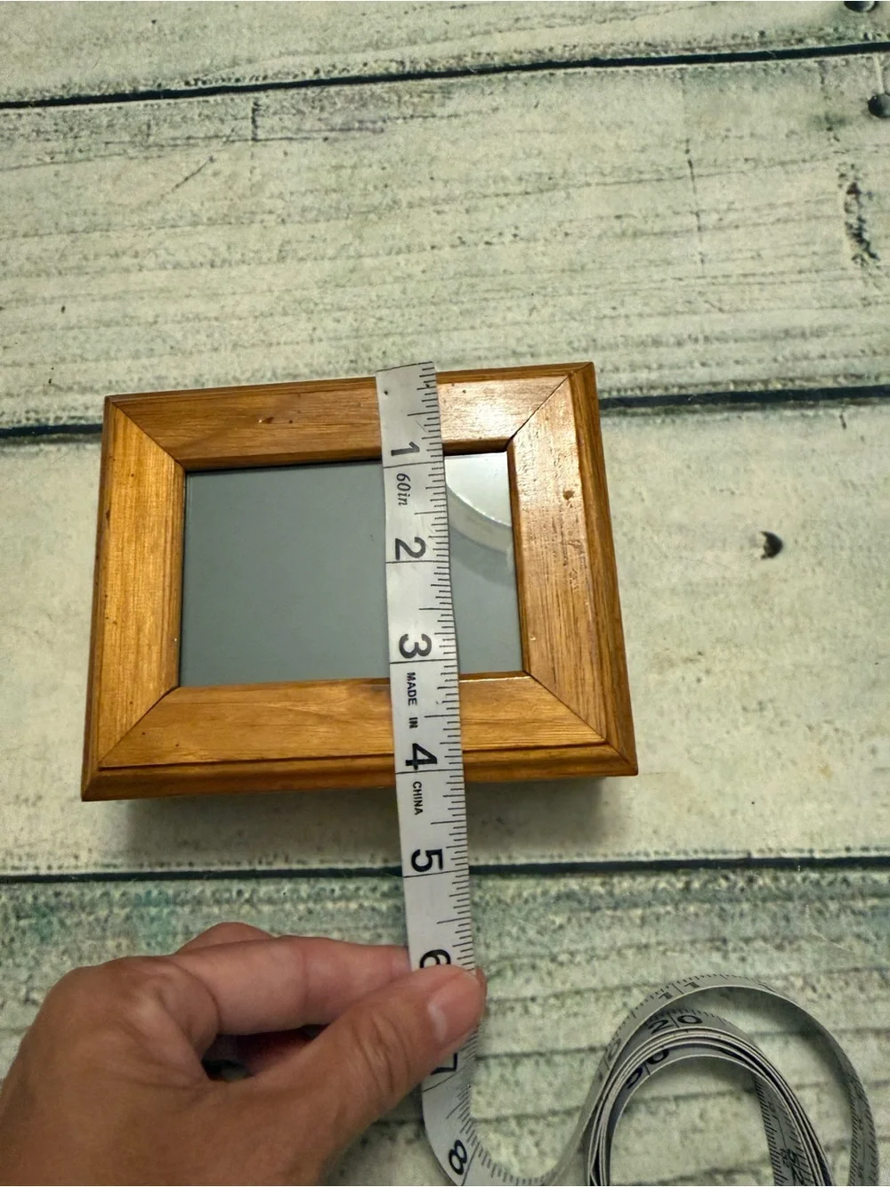 Vintage Small Wooden Jewelry Box with Photo Frame Lid and mirror inside.